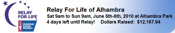 [Linh and Scott and some close friends will be participating in the American Cancer Society's Relay for Life, a 24-hour event raising money for cancer research.  We will be at the Alhambra site on June 5-6.  Please feel free to donate on the ACS website]