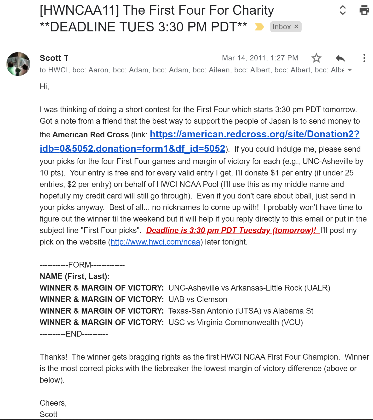 1st First Four for Charity Email