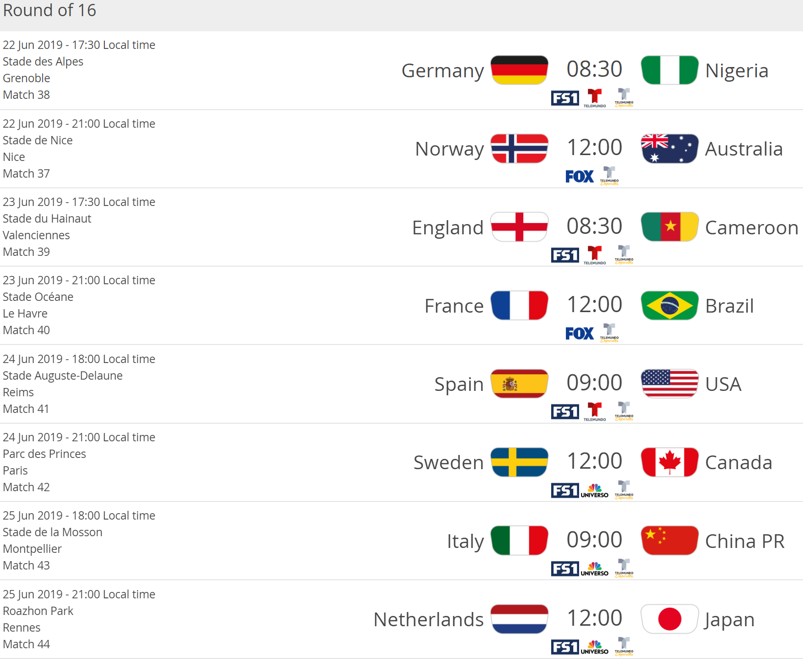 Round of 16 Matchups